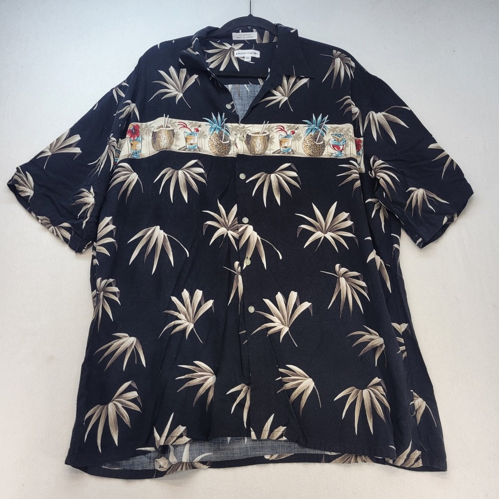Pierre Cardin Button Down Mens XXL Black Tropical Pineapple Cocktail Rayon Shirt